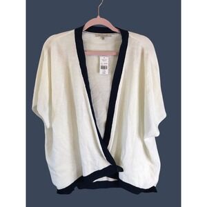 My Danielle Cream Navy Trim Wrap Kimono Cardigan Sweater‎ Women's L XL